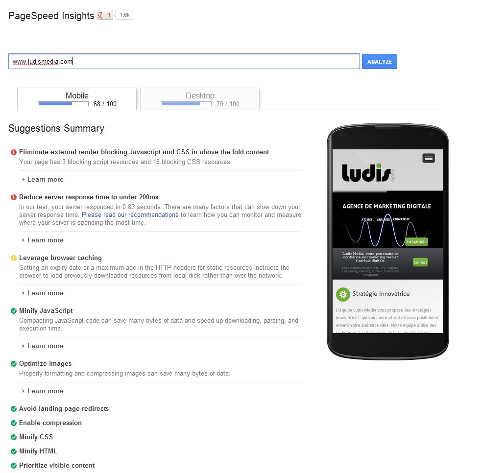 Outils Pagespeed Insight mobile